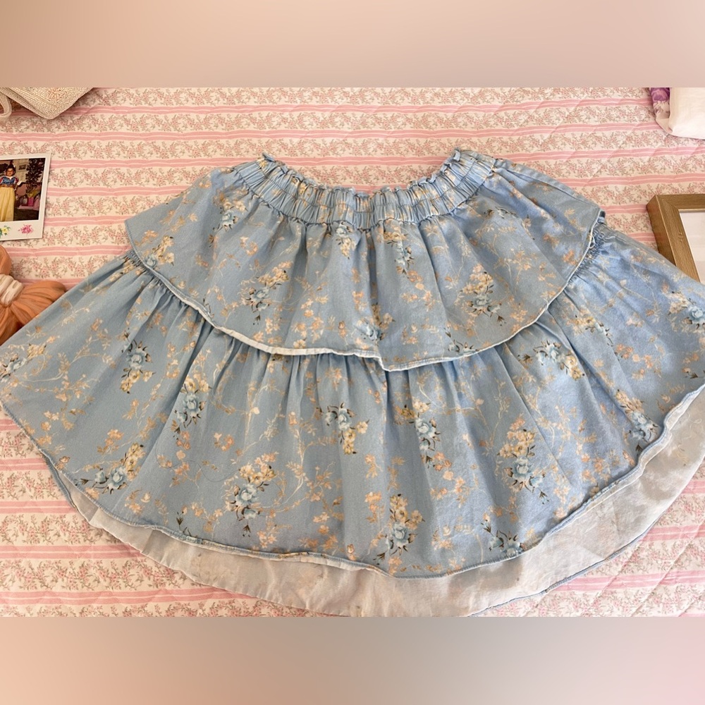 LoveShackFancy blue floral mini skirt
